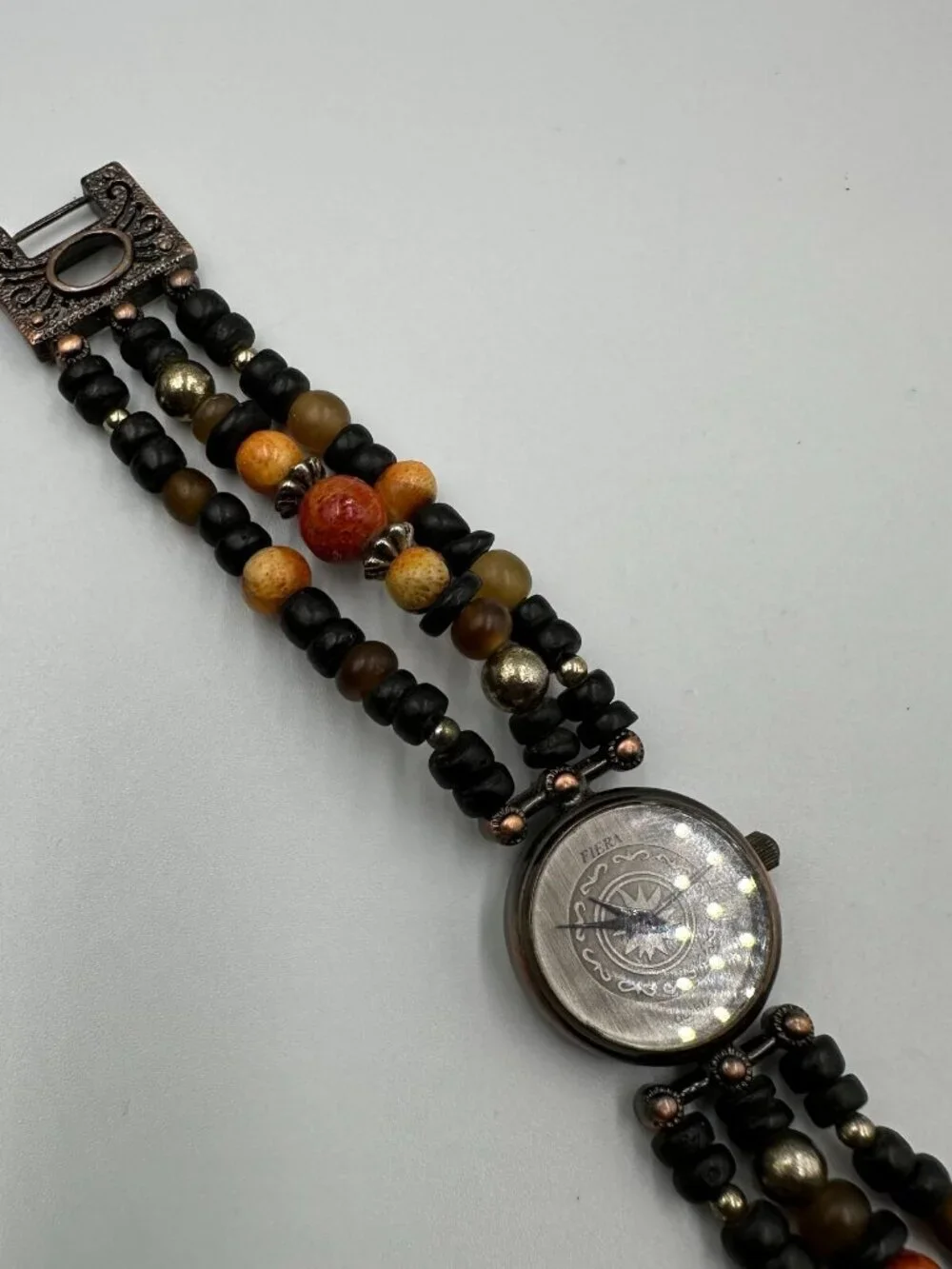 3/$30 Fiera Watch Women Brass Tone Black Beaded Wooden Band New Battery 6.5”